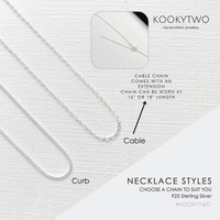 Silver necklace with 'Curb' chain design and cable chain design on a white background, featuring KOOKYTWO branding.