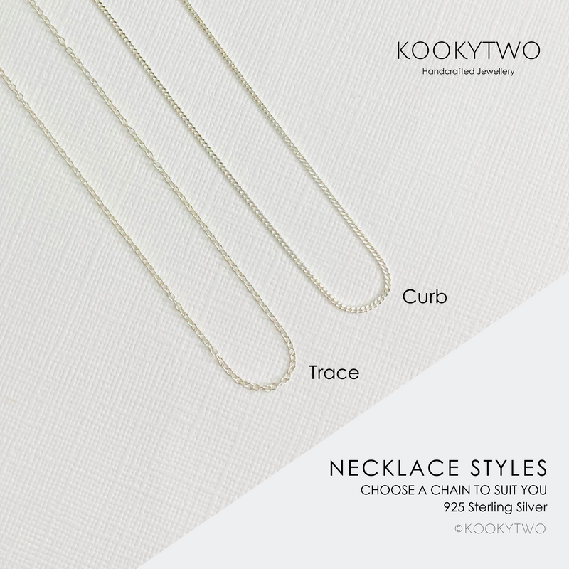 Necklace is available with two styles of chain. Trace chain or curb chain. KookyTwo.