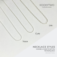 Charm necklace with a choice of chain styles in sterling silver perfect for everyday wear or as a gift for ladies of all ages. KookyTwo.