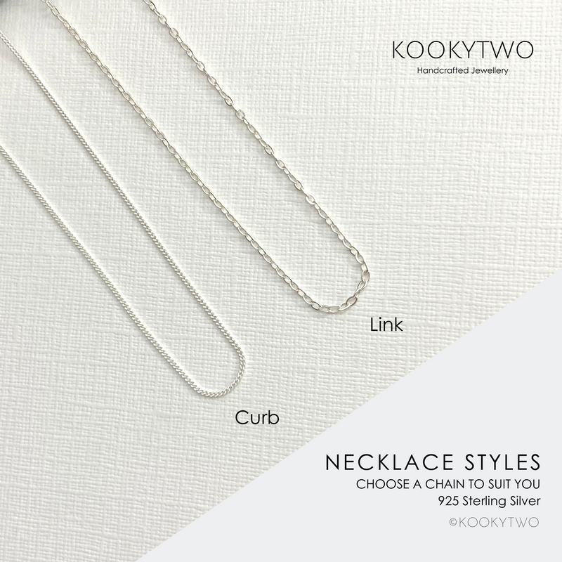 Different necklace styles available in sterling silver. Handmade necklace so you can choose the necklace length. KookyTwo.