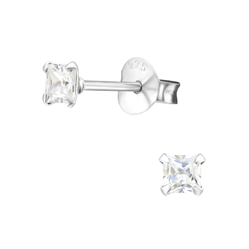 Tiny Square Crystal Stud Earrings Silver