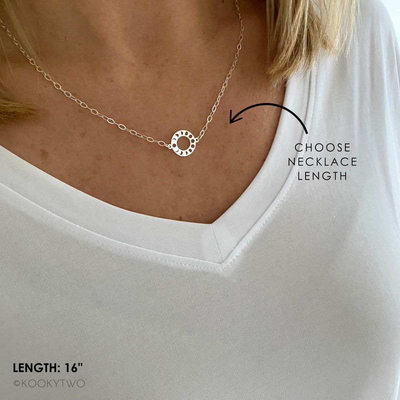 Silver moon phase necklace in silver on a chain length of your choice. KookyTwo.