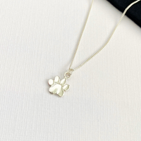 Silver paw print necklace on a white background