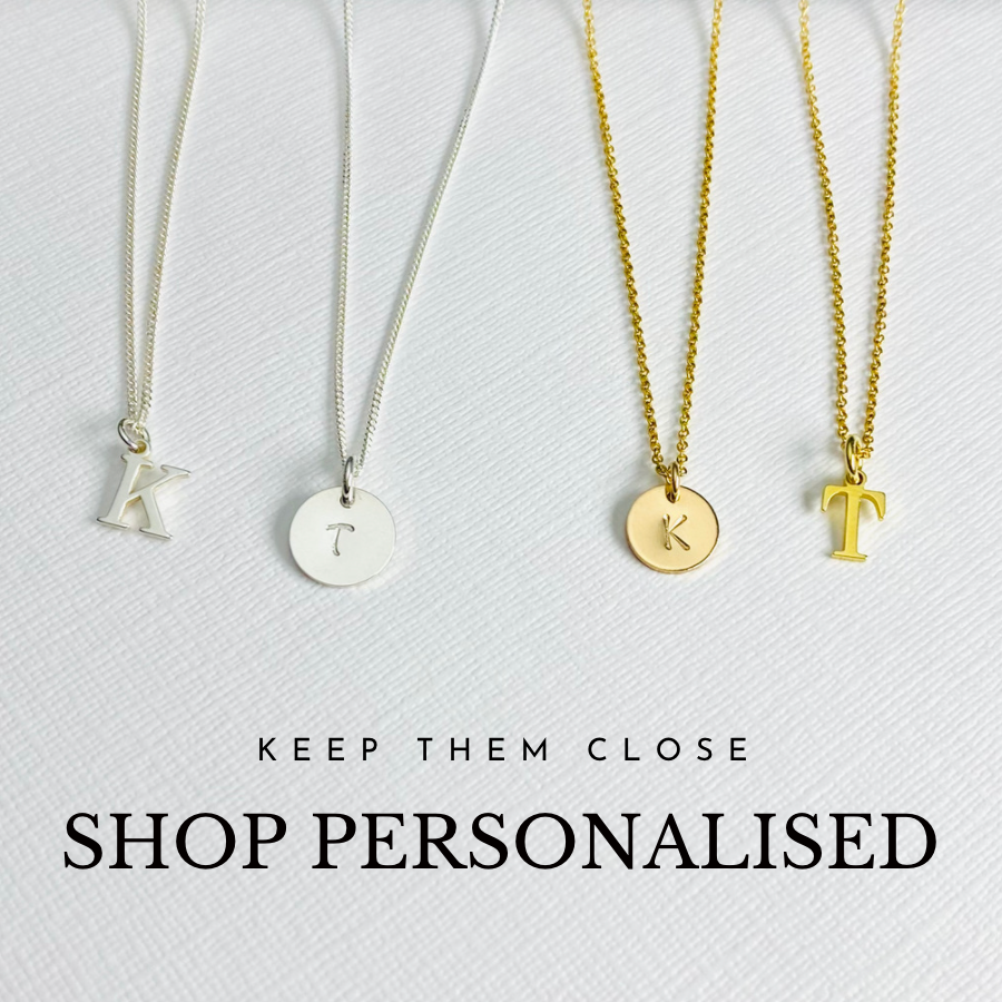 Women personalised jewellery. Womens personalised necklaces. Silver initial necklaces. Silver disc necklaces. Gold initial necklaces. Gold personalised disc necklaces. Minimalist personalised jewellery for her.