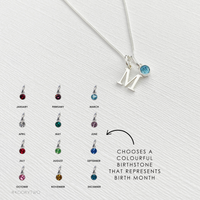 Silver Initial and Crystal Birthstone Necklace