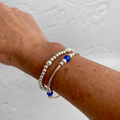 Blue onyx bracelet stacking set with sterling silver beads. KookyTwo Affordable Everyday Jewellery.