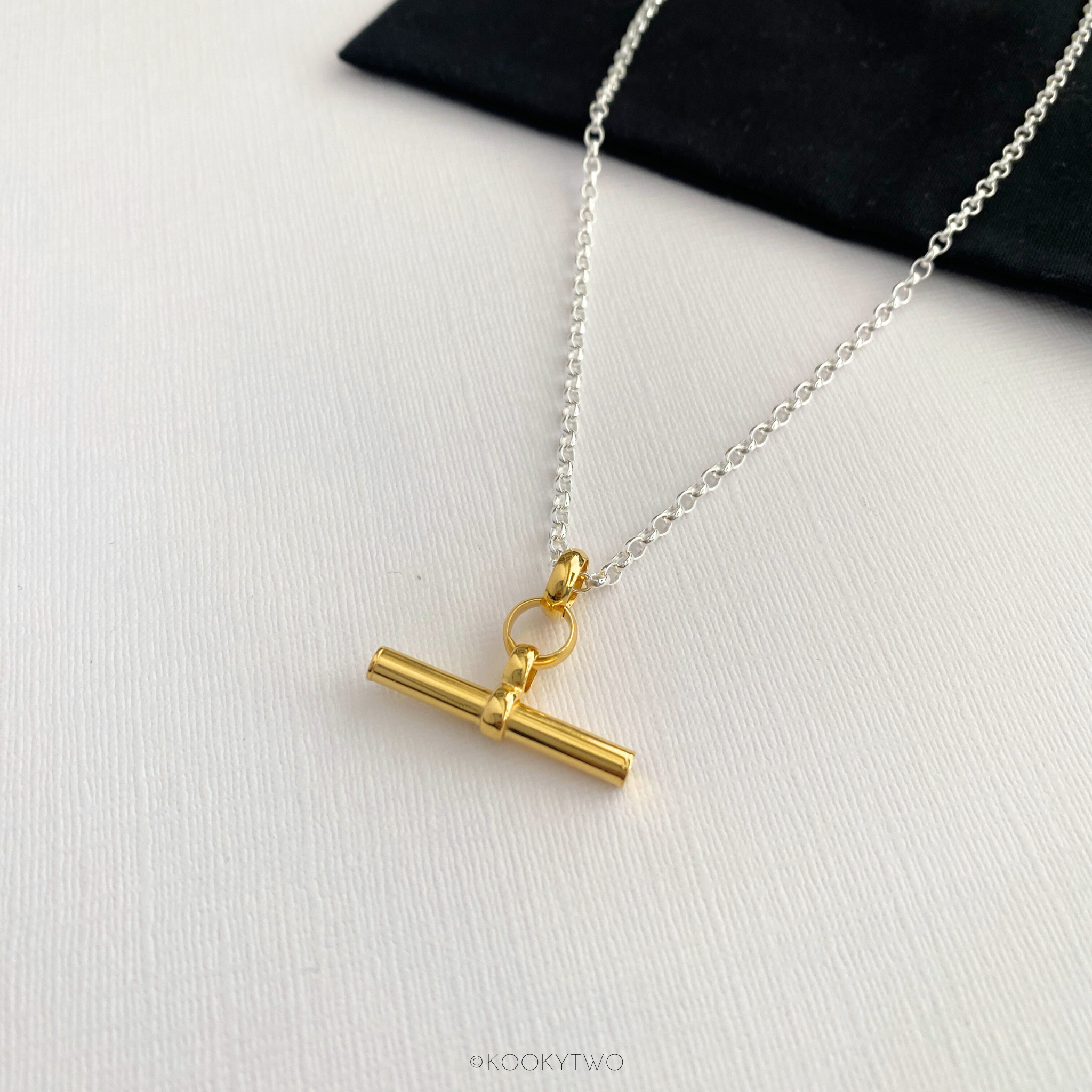 Mixed Metal Silver & Gold T-Bar Necklace