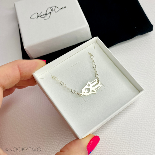 Sterling silver hand of Fatima necklace in sterling silver. KookyTwo.
