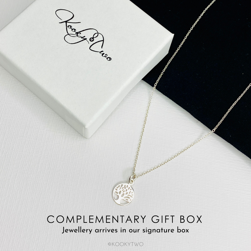 Sterling silver tree of life charm necklace in gift box. KookyTwo.