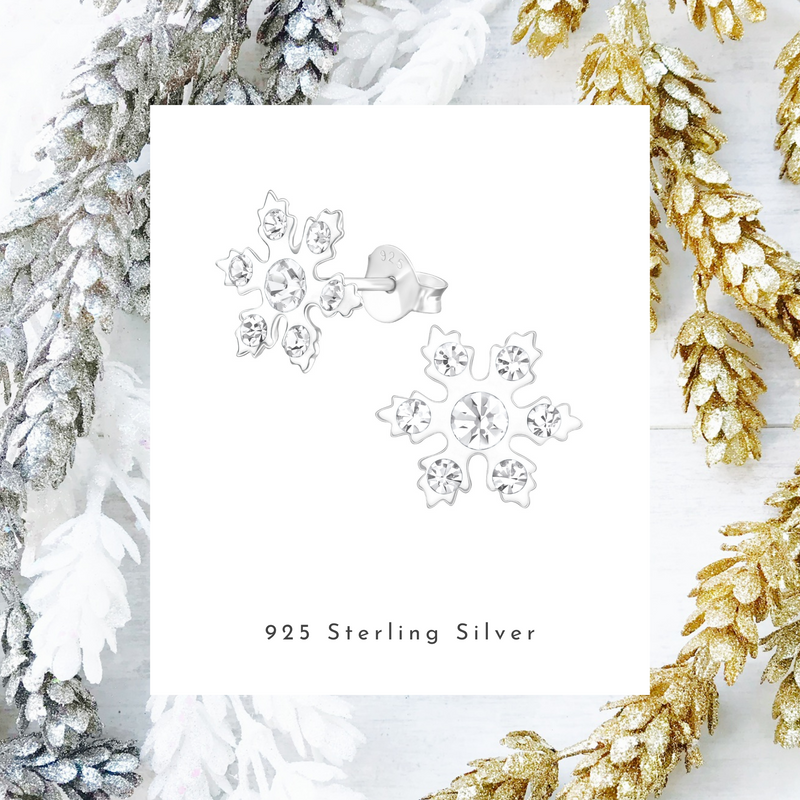 Snow inspired christmas earrings in hsape of snowflake with crystal stones. Stocking filler gift for ski lover. KookyTwo.