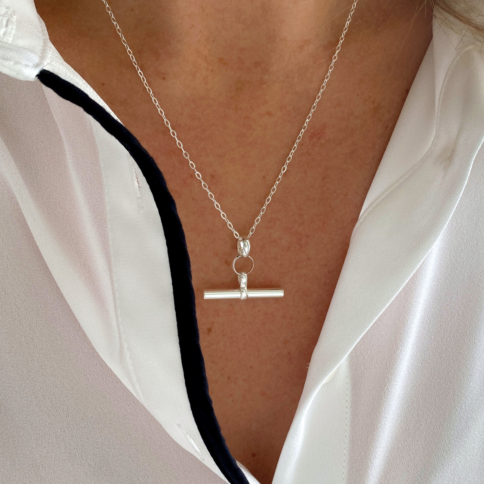 Sterling Silver T-Bar Necklace - Trace Link Chain
