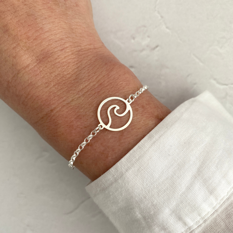 Bracelet gift for surfer with wave charm. Sterling silver bracelet with wave charm. KookyTwo.