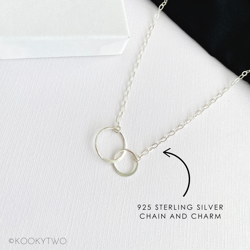 Eternity necklace with interlocking circle charms. Sterling silver eternity necklace. KookyTwo Jewellery.