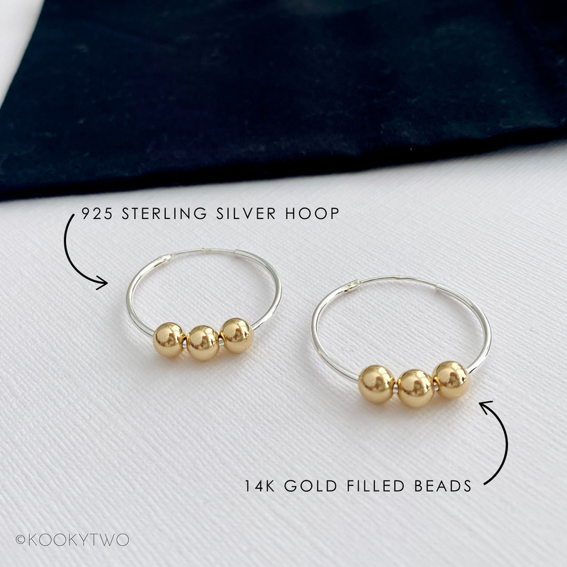 Silver and Gold Bead Sleeper Hoop Earrings