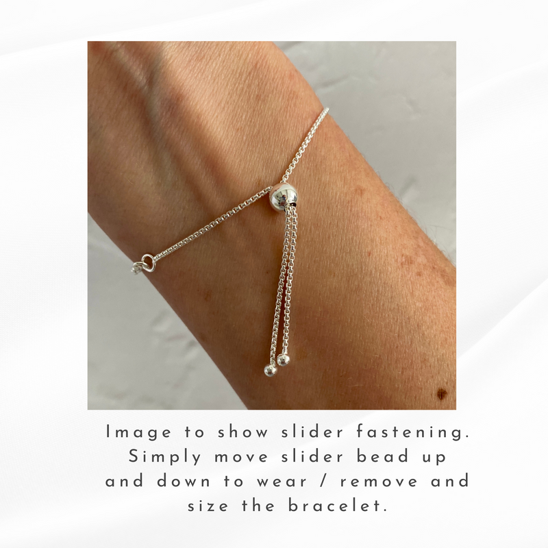 Sterling silver adjustable chain bracelet with slider fastening. Kookytwo.