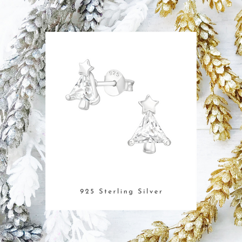 Silver Sparkly Christmas Tree Earrings. Christmas Stud Earrings