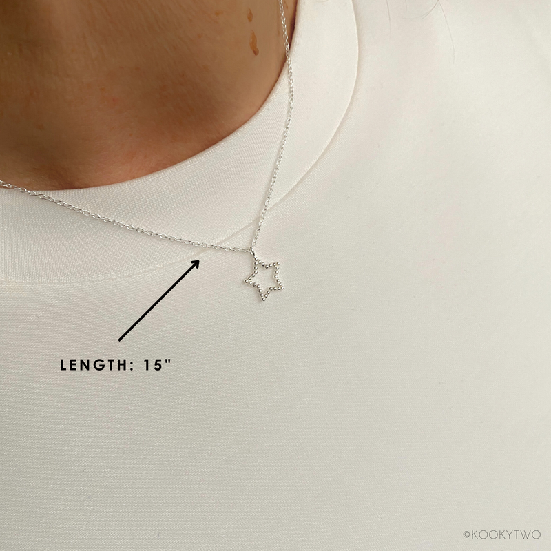 Sterling silver star necklace with a fine chain, for everyday wear or gifting. KookyTwo.