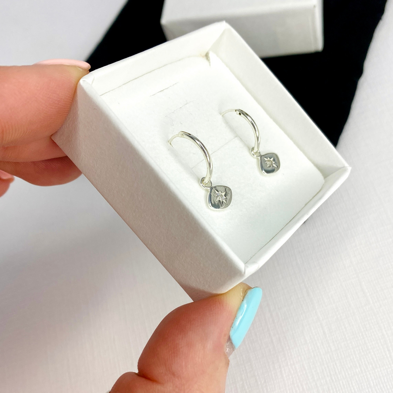 Silver Hanging Diamanté Star Mini Hoop Earrings