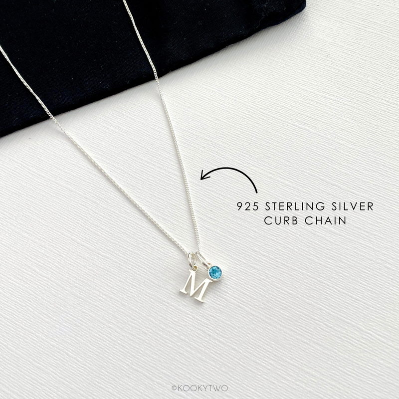 Silver March Birthstone and Initial Necklace