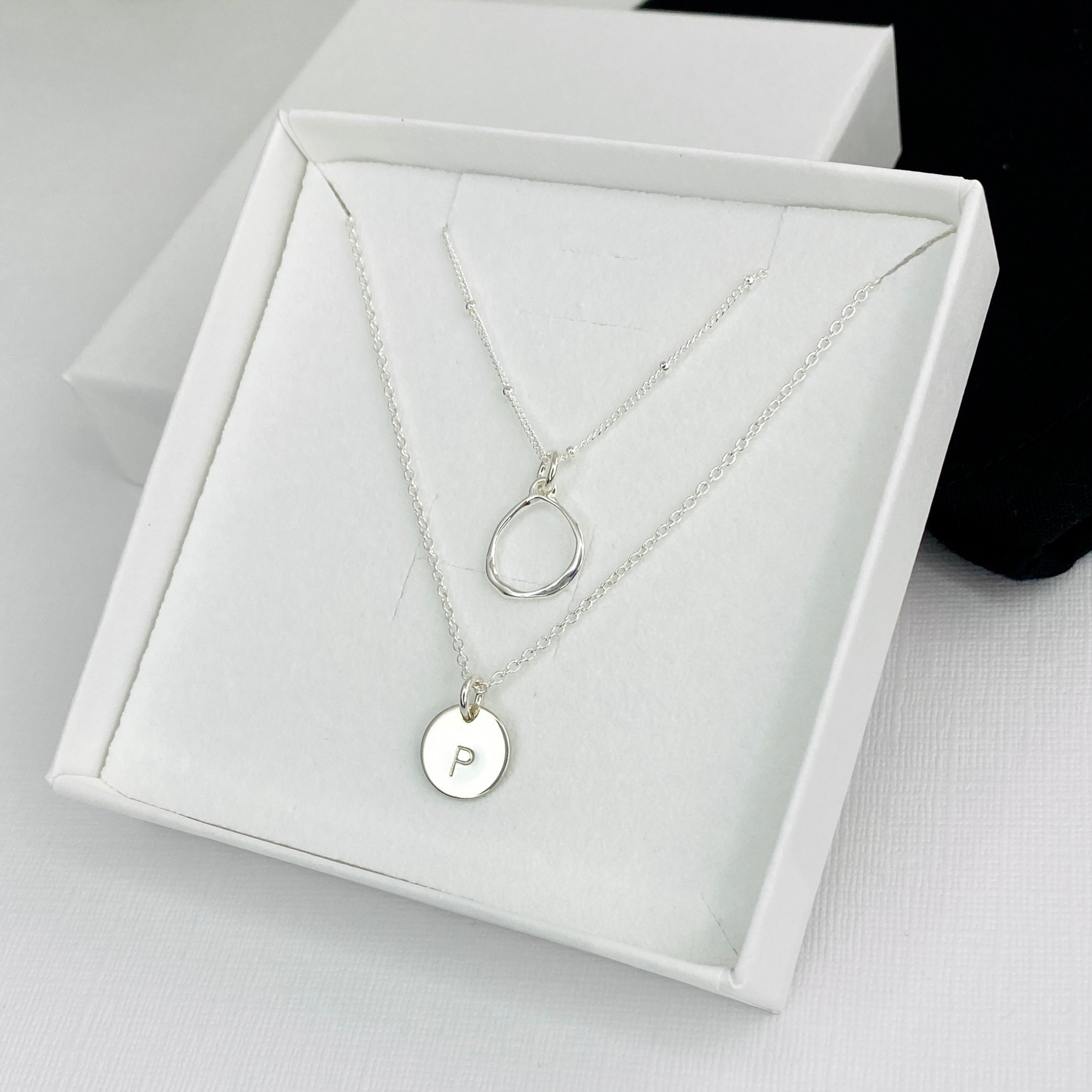 Silver Initial Disc Circle Necklace Set