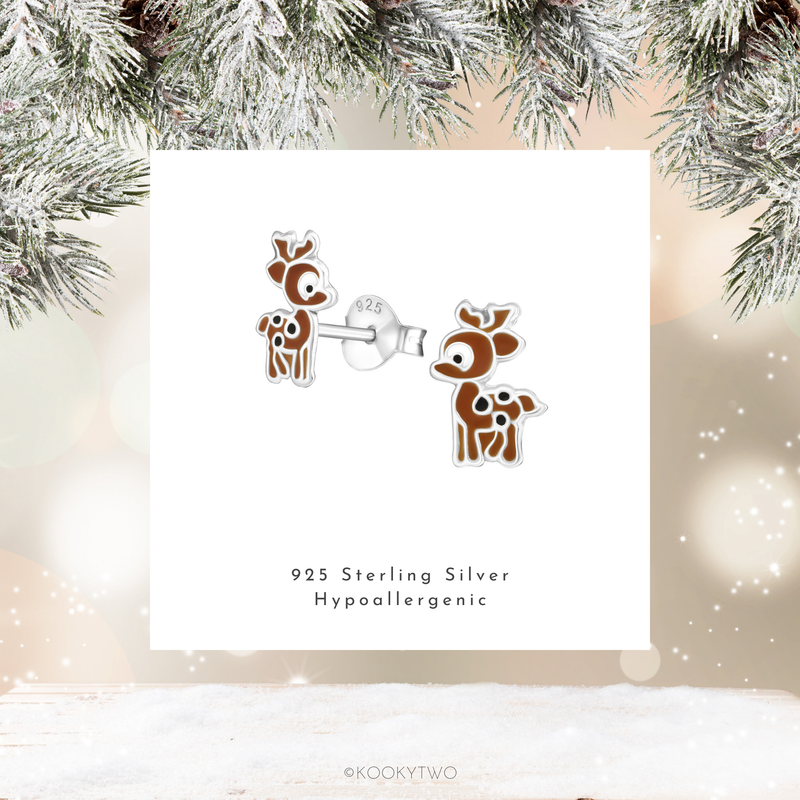 Reindeer stud earrings in sterling silver. KookyTwo.