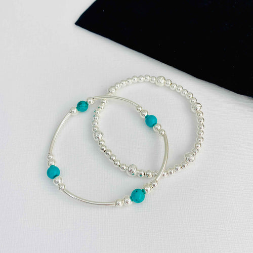 Set of two bracelets in sterling silver with turquoise gemstone gemstone beads. KookyTwo Jewellery.