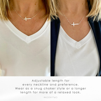 Necklace with a cross pendant worn by a person, shown at two different lengths.