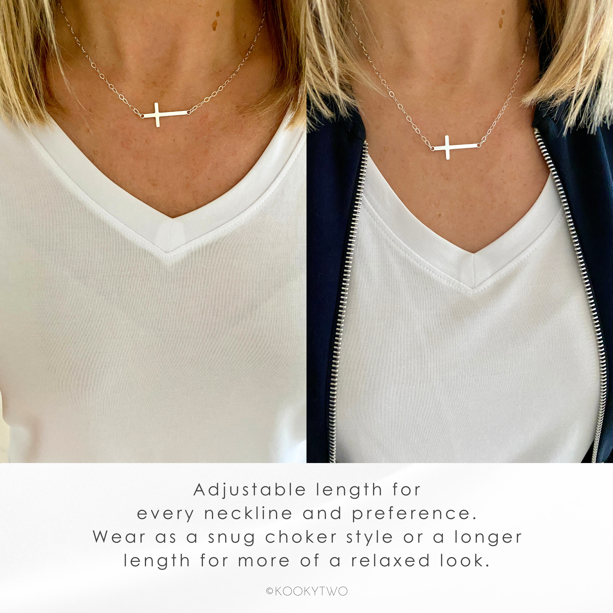 Necklace with a cross pendant worn by a person, shown at two different lengths.