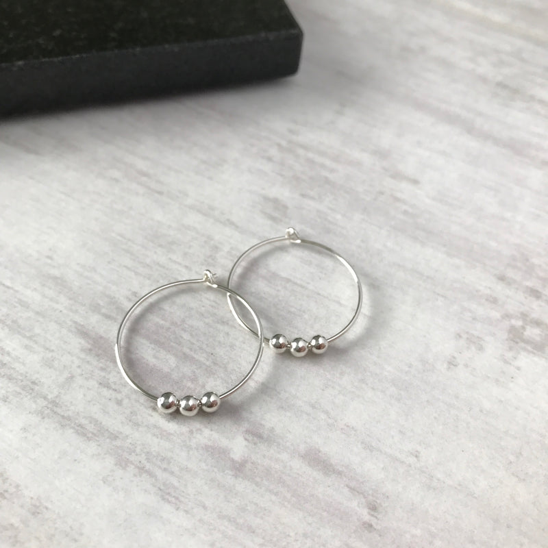 Silver Three Bead Hoop Earrings - KookyTwo