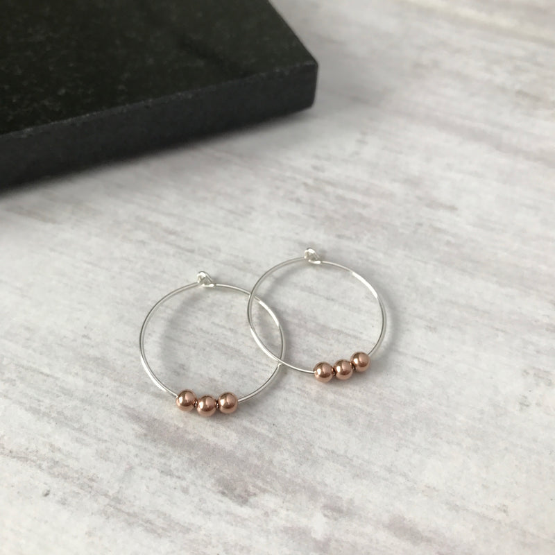 Silver Hoop Earrings with Rose Gold Beads - KookyTwo