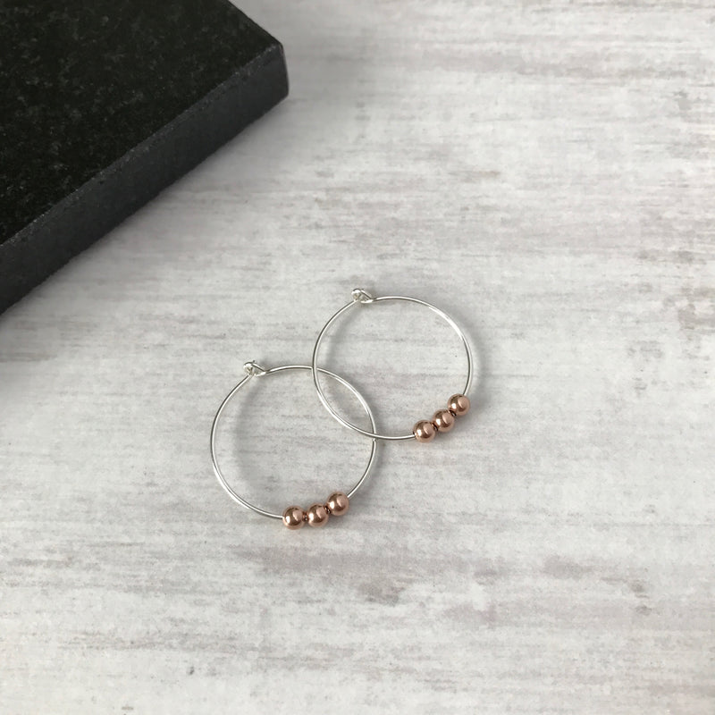 Silver Hoop Earrings with Rose Gold Beads - KookyTwo