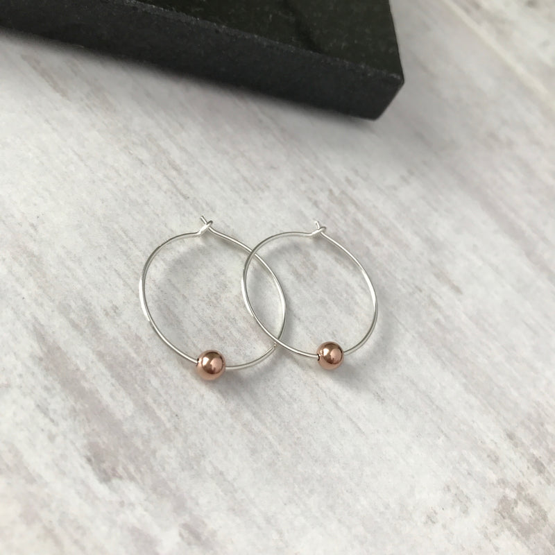 Silver Hoop Earrings with Rose Gold Bead - KookyTwo