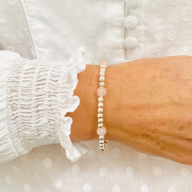 Rose quartz gemstone bracelet. Rose quartz and sterling silver bead bracelets.