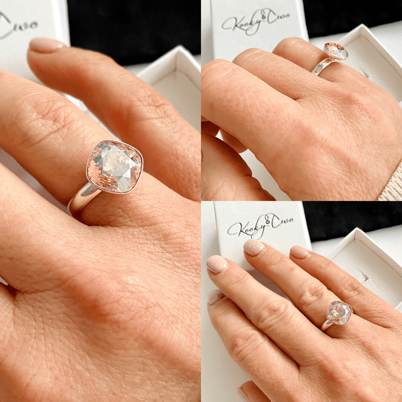Pretty pink crystal ring in sterling silver. Sparkly ring changes colour in different light.