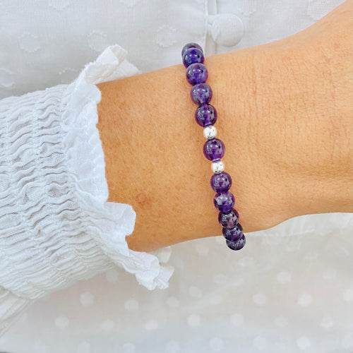 Amethyst bead bracelet. Amethyst February Birthday Gift. Gemstone Bead Bracelet with Amethyst Beads and Sterling Silver Beads