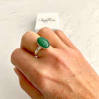 Green aventurine gemstone ring in sterling silver base. KookyTwo jewellery.