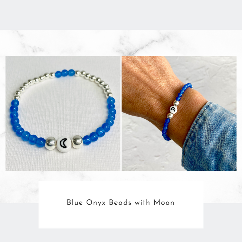 Blue onyx bracelet with sterling silver beads and moon bead.