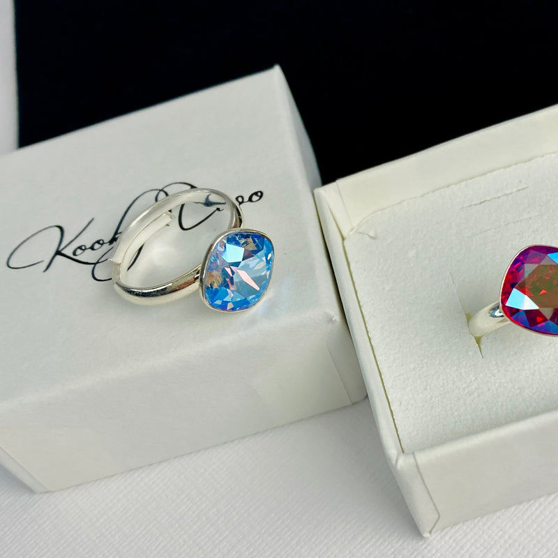 Adjustable ring gift for her. Sparkly bridesmaid gift with blue crystal.