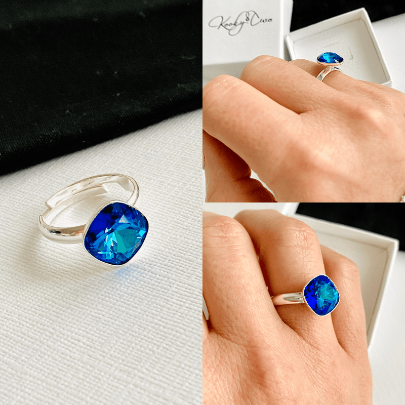Square blue crystal ring. Swarovski crystal ring in sterling silver.