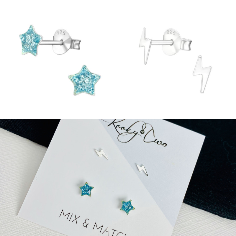 Blue Glitter Star and Lightning Bolt Earring Set