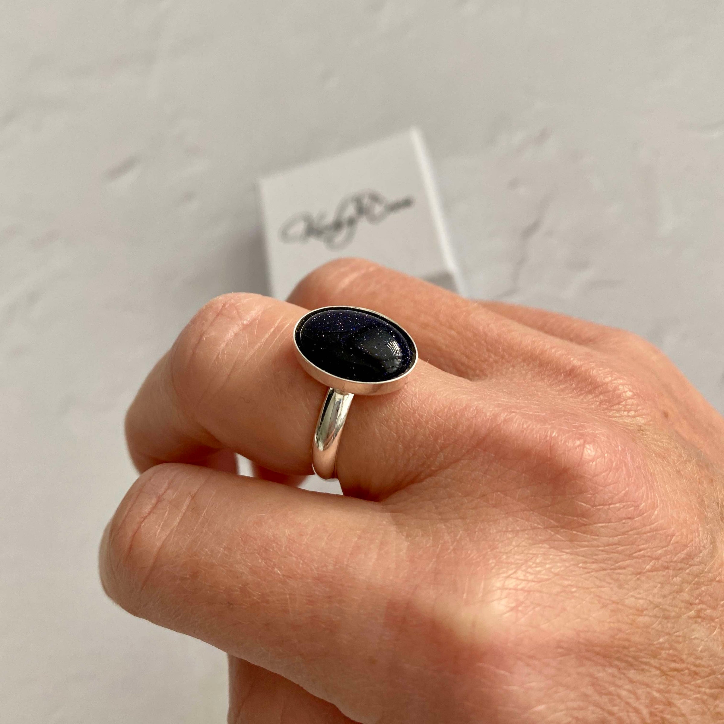Deep Blue Ring Adjustable Ring Blue Goldstone Gemstone Ring