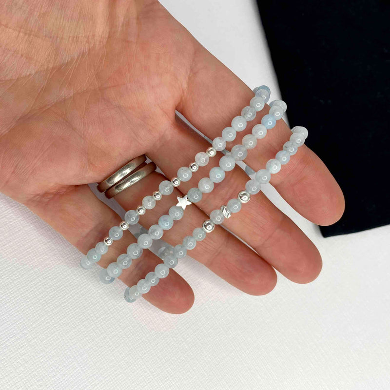 Pretty pale blue bracelet set with aquamarine gemstone beads and accent of sterling silver beads. KookyTwo handmade bracelet gift for her.