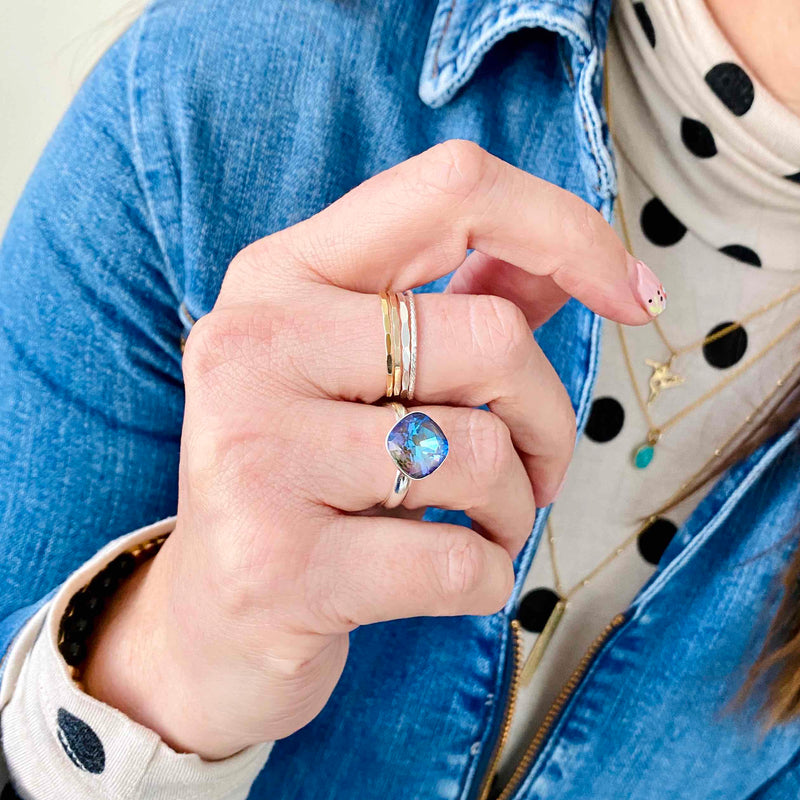 Crystal cocktail ring with Swarovski crystal. Silver ring is adjustable to get the perfect fit. KookyTwo.