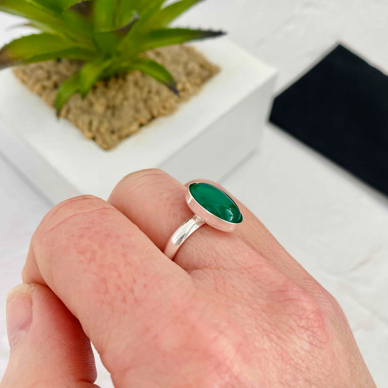 Green birthstone gift for May with a green agate gemstone ring. KookyTwo