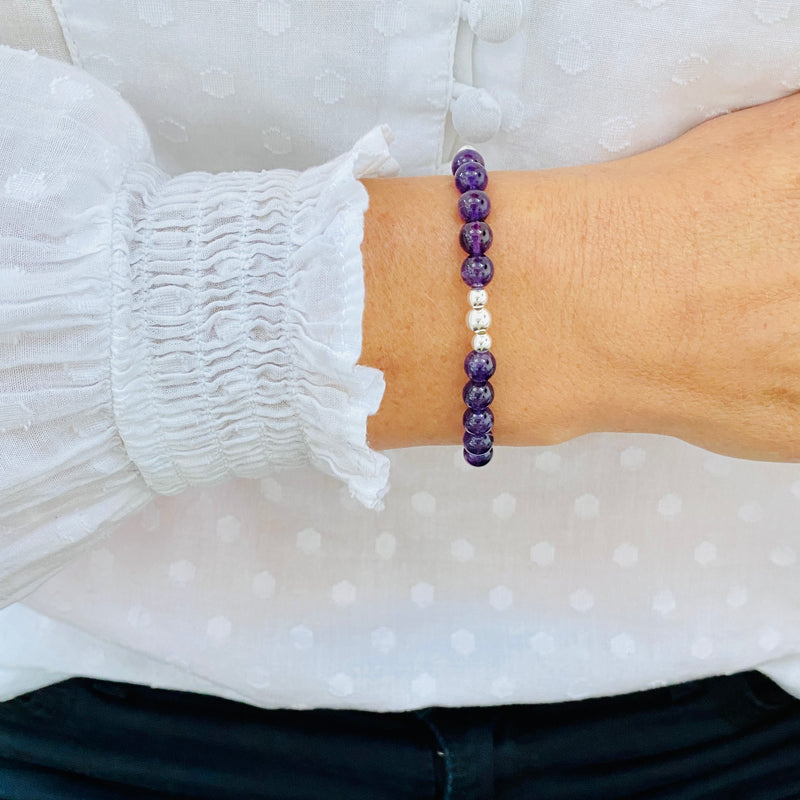 Amethyst Gemstone Bracelet with Silver Accent | Solo or Stack Set