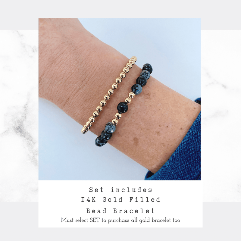 Bracelet stacking set with all gold bead bracelet and black obsidian beads.