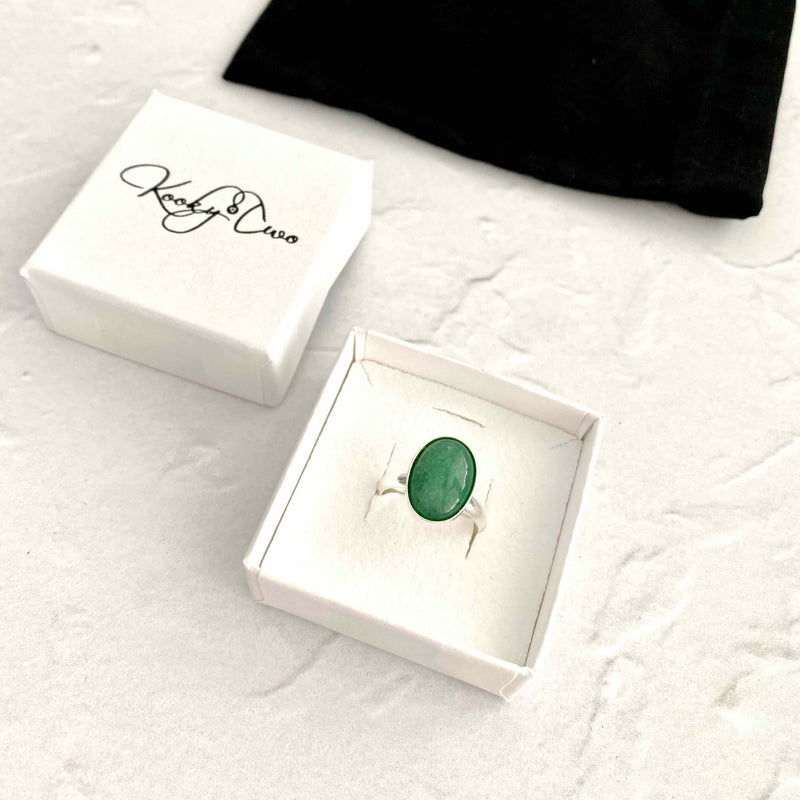 Adjustable sterling silver ring with aventurine stone. KookyTwo jewellery.