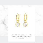 Mini gold hoop earrings with crystal charm. KookyTwo.