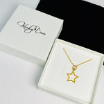 Gold star necklace arrives in white gift box. Perfect gift for friend.