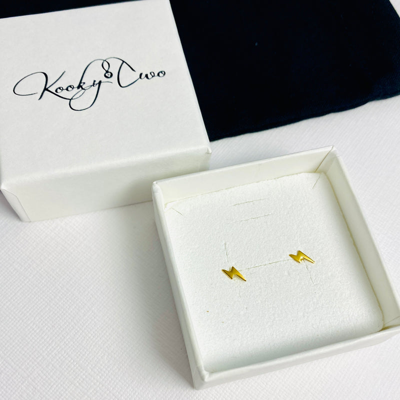 Earring gift for her. Gold earring studs. Mini stud earrings. Lightning bolt jewellery.